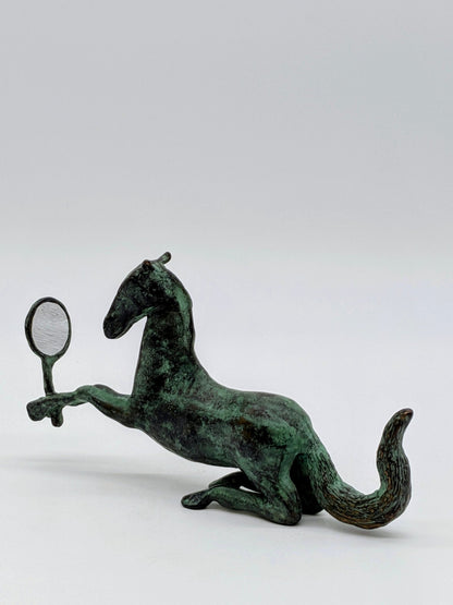 Kunstenaar onbekend - Bronzen beeld paardje met spiegel